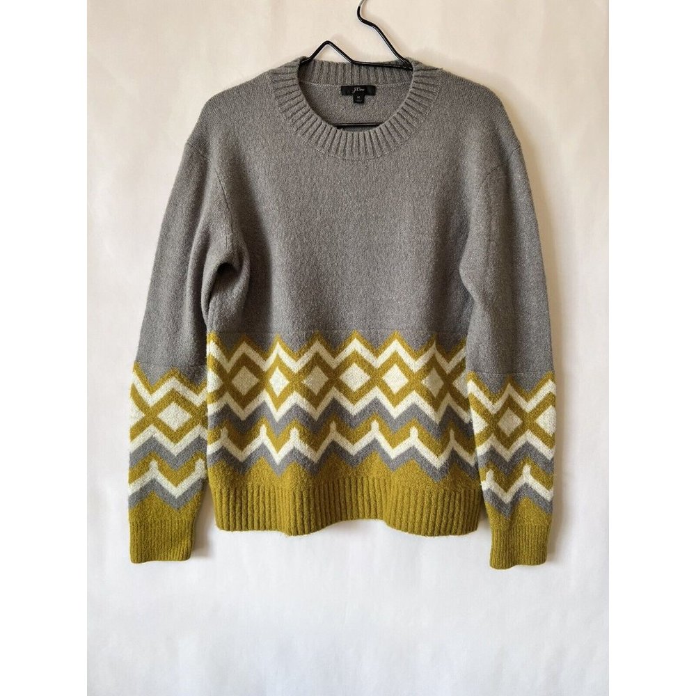 J. Crew Gray and Mustard Chevron Crewneck Sweater